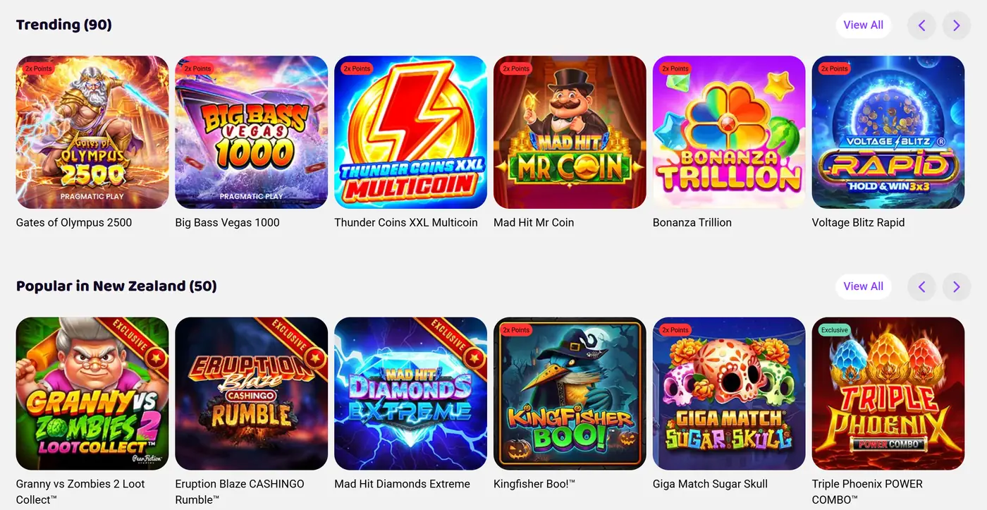 Boo Casino lobby showing the Trending row and the Popular in New Zealand row of pokies