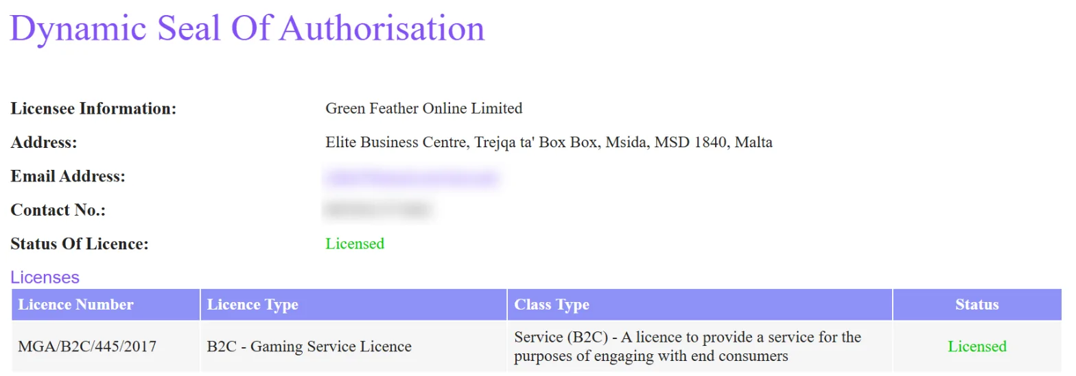 Malta Gaming Authority register entry for Green Feather Online Limited showing licence MGA/B2C/445/2017, a B2C Gaming Service Licence with status Licensed